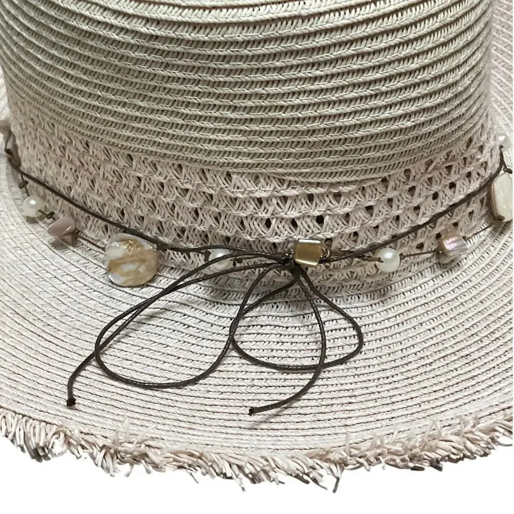 Scala Collezione Sun Beach Fringed Rim Hat Shell Band EUC